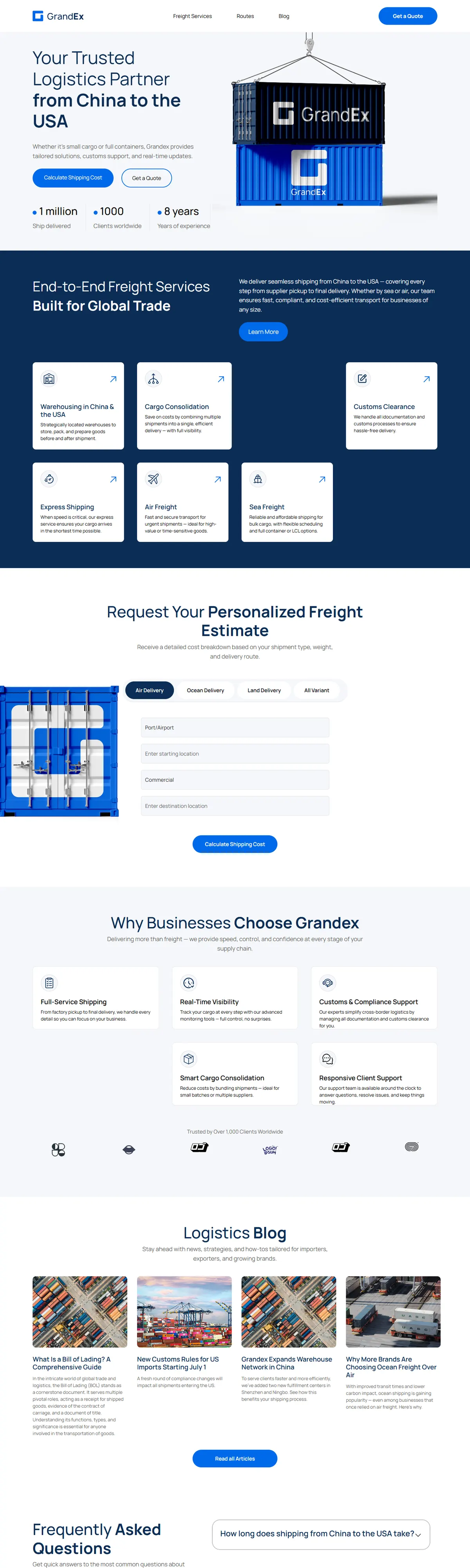 Screenshot of the GrandEx Logistics website homepage (grandex.ai)